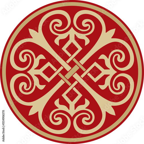 Vector gold with red round classic byzantine ornament. Circle, ring, border, Ancient Greece, Eastern Roman Empire frame. Decoration of the Russian Orthodox Church
