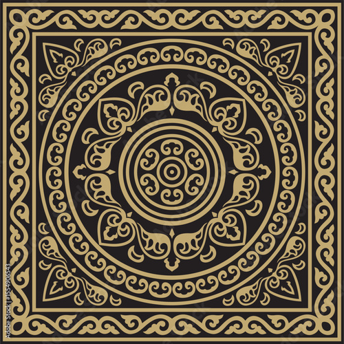 Vector square gold and black ancient Russian ornament. Slavic rectangle, border, frame. Painting of the royal chambers.
