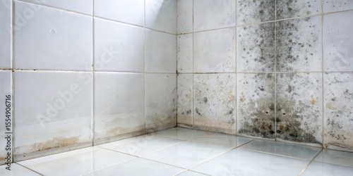 A corner of a tiled room reveals extensive mold growth, indicating potential water damage and the need for urgent remediation and repair.