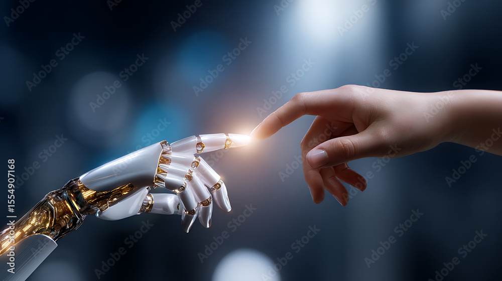 Fototapeta premium Human and Robotic Hands Touching in a Dark Setting