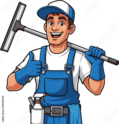 Professional Window Washer Giving Thumbs Up Holding Squeegee Ready for Work