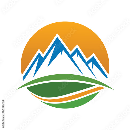 Blue mountain peaks against orange sun and green hills vector
