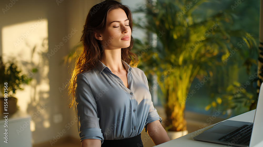 Fototapeta premium Woman Meditating at Office Desk in Sunlight