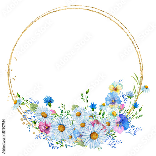 Gold frame border. with flowers. Watercolor hand painting floral wreath with place for text with bouquet. Isolated on white background.