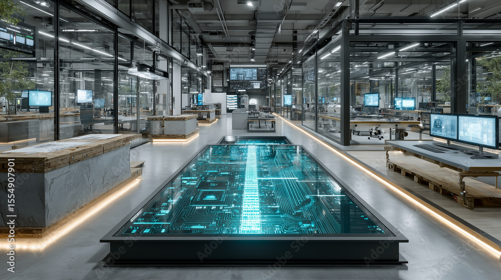 Fototapeta premium Futuristic R&D Lab with AI-Powered Robots Synthesizing Advanced Materials, Enclosed by Glass Walls Showcasing Patent Certificates and Product Prototypes, Floor Holographic Timeline Mapping Company's T