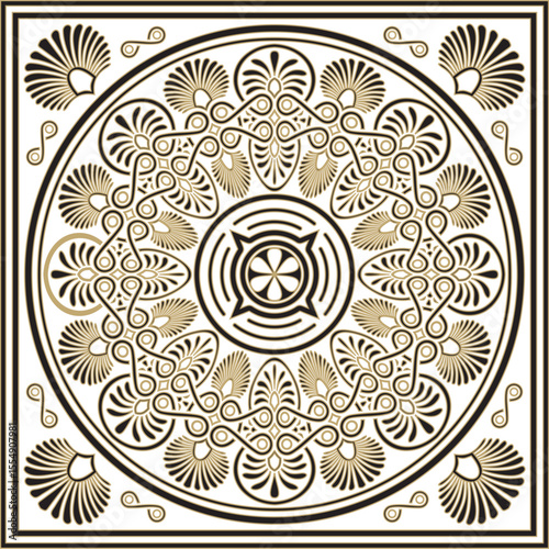Vector gold and black classic Greek square ornament. Rectangle of Ancient Greece and Roman Empire. Byzantine painting of walls, floors and ceilings. Decoration of European palaces.
