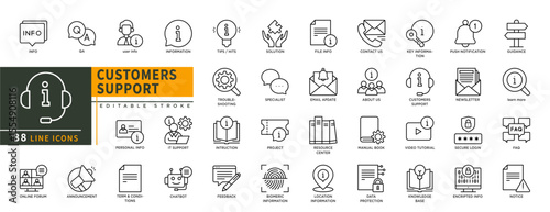 Minimalist Customers support line icons set with editable stroke, featuring info, Q&A, user info, information, tips, specialist, about us, manual book, biometric, feedback. thin linear illustration.
