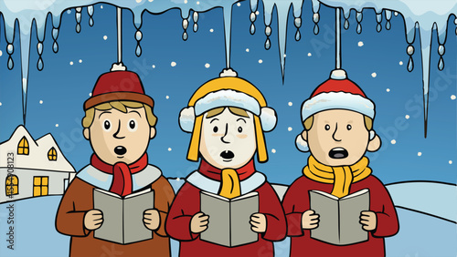 Carolers Singing Under Icicles Scene.