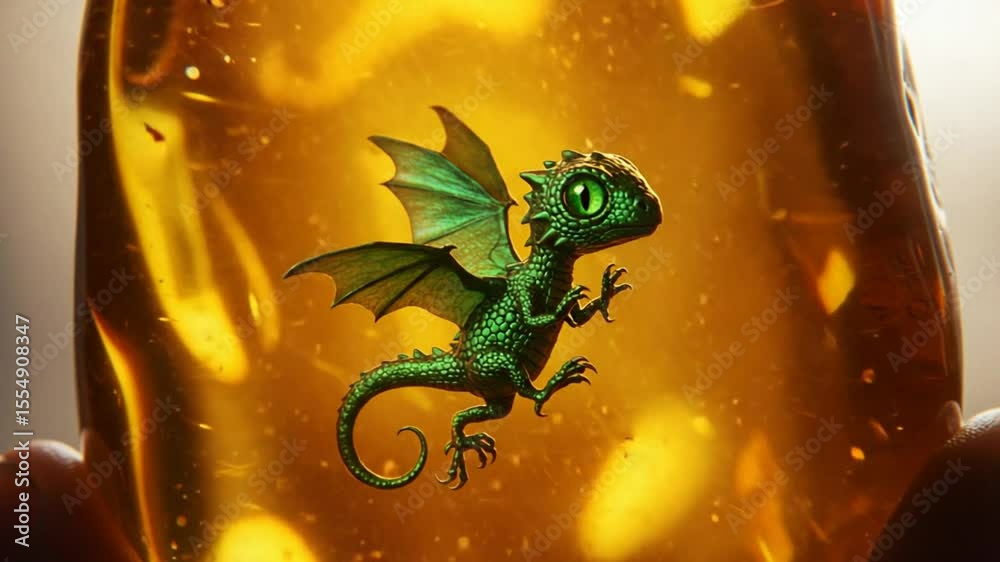 Tiny green dragon trapped in amber with glowing background