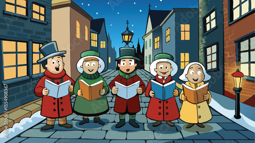 Carolers Singing on Cobblestone Street.