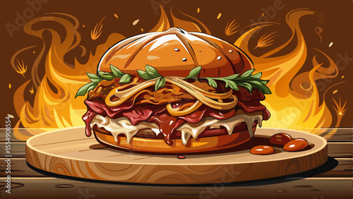 Smoky pulled pork soaked in barbecue sauce overflows from a warm, toasted bun. A few strands of meat fall onto the wooden surface below. A scoop of creamy coleslaw sits atop the meat, adding color and