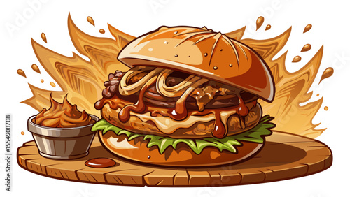 Smoky pulled pork soaked in barbecue sauce overflows from a warm, toasted bun. A few strands of meat fall onto the wooden surface below. A scoop of creamy coleslaw sits atop the meat, adding color and