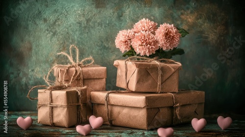 Wrapped gifts with flowers, pink hearts on wooden surface