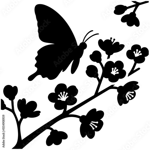 Black Silhouette Butterfly on Cherry Blossom Branch, Vector Illustration