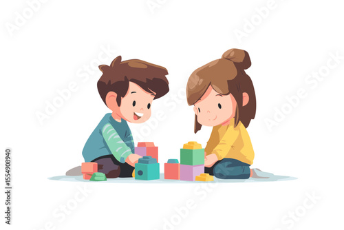 Boy and girl Playing with Colorful Blocks – Cognitive and Social Development in Early Childhood