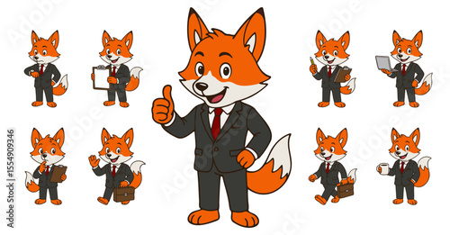 Set of business fox mascots in formal suit performing office activities. Central fox character in focus with supporting miniatures showing various work actions