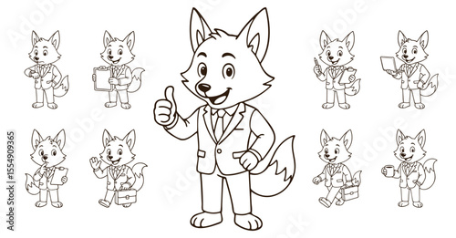 Black and white line art set of business fox mascots in suits performing various office tasks. Vector illustration of professional cartoon animals isolated on white background