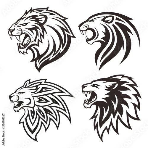 Roaring lion head mascot vector illustration with tribal tattoo art and wild animal aggression