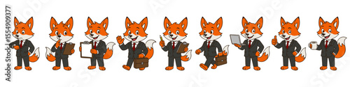 Cartoon fox mascot in black business suit with red tie performing office tasks. Professional character in eight workplace poses with clipboard, coffee, laptop, and briefcase