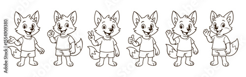 Black and white line art collection of cheerful cartoon fox characters in casual clothing. Various gestures and poses isolated on white background