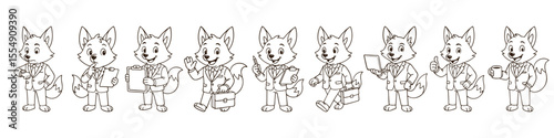 Black and white line art set of business fox mascots in suits performing various office tasks. Vector illustration of professional cartoon animals isolated on white background
