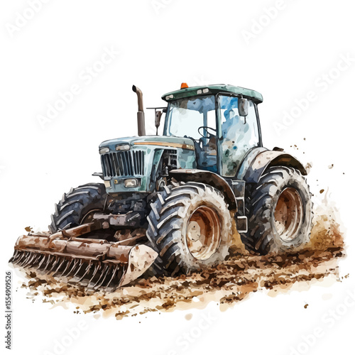 watercolor vector of Farm Tractor Plowing Field, isolated on a white background.