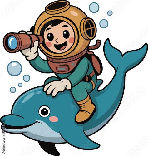 Scuba diver kid riding dolphin cartoon vector illustration perfect for sea ocean underwater adventure child character animal and marine fun themed designs

