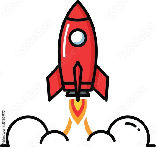 A cartoon red rocket with black outlines taking off with smoke on a white isolated background design