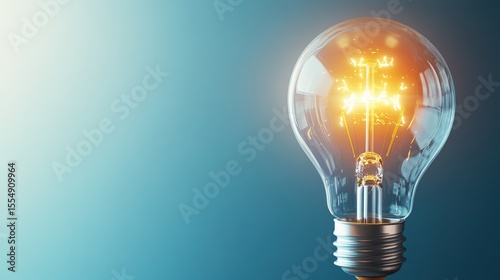 Bright glowing incandescent light bulb with illuminated filament and reflective glass surface isolated on a blue background