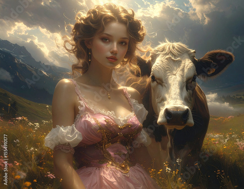 Within the South Bavarian Allgeau stands a beautiful young woman together with a serene cow in a wildflower meadow. photo