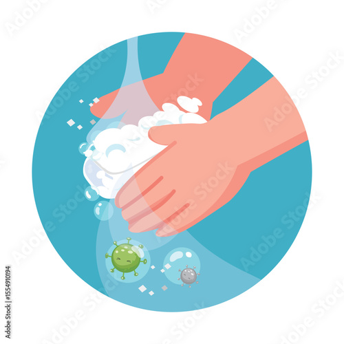 washing hands icon with soap and microbes  cartoon vector illustration