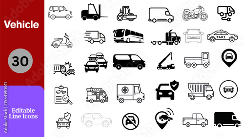 A large bundle of 30 editable line icons for "Vehicle" in a clean vector style, covering various modes of transportation including cars, trucks, motorcycles, buses, and public transit for UI 