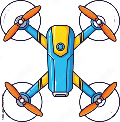 Cartoon illustration of a blue and yellow drone with orange propellers on a white background aerial view