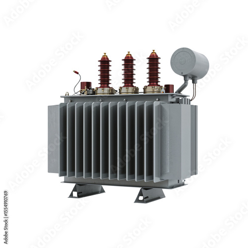 High-voltage electrical transformer with insulators and cooling fins on white background and copy space
