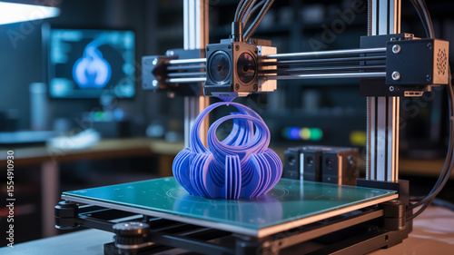 A close up of a d printer creating a blue and purple object with computer screen in the background