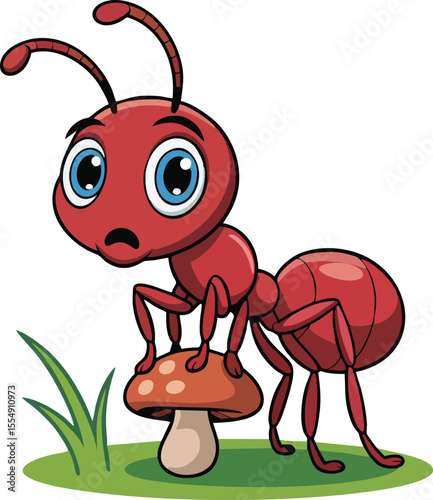 Red ant cartoon vector illustration standing on a mushroom suitable for insect biology jungle forest animal kids education or environment design purposes
