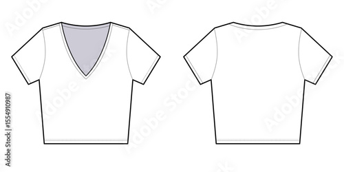 V neck Crop T-shirt - Front and Back View- Flat Vector Illustration- Technical drawing - CAD mock-up 