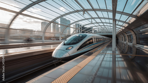 A high speed train at a station with a glass roof and buildings in the background during the day