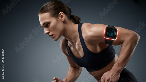 Athlete with fitness tracker on arm during workout session against a gray studio backdrop scene