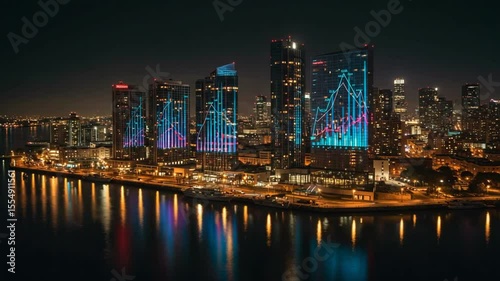 Vibrant city skyline illuminated by dynamic lights at night