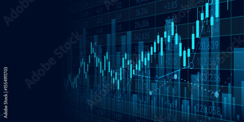 Abstract financial graph with uptrend technology bar chart of stock market on blue color background