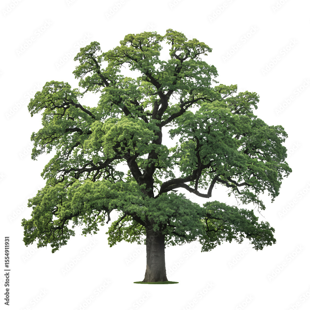 Obraz premium Majestic Oak Tree: A robust oak tree, boasting a wide canopy of vibrant green foliage, stands tall against the sky, providing a sense of strength and longevity.