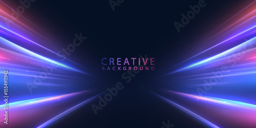 Bright symmetrical light rays in violet-blue tones on a dark background. Used for futuristic and dynamic designs.