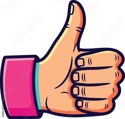 Cartoon hand giving a thumbs up with a pink sleeve and dark outline on a white isolated background