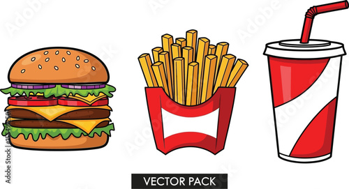Illustration of a burger, fries, and soda, arranged side by side on a light blue background vector pack
