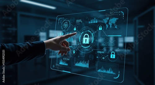 Security cyber data protection network technology digital safety lock hand touch