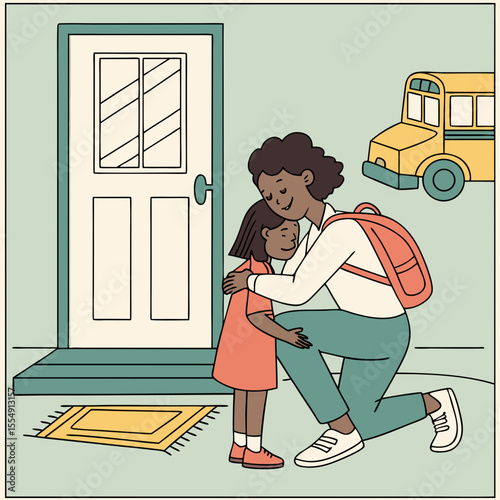 mother hugging closely to austisms school small daughter after returning from school 