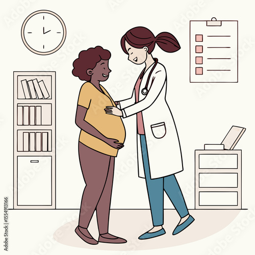 Pregnant Woman Consulting Female Doctor in Clinic – Flat Vector for Women’s Health, Prenatal Care, and Maternity Services