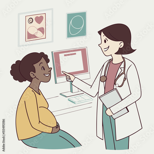Female Gynecologist Holding Ultrasound Image and Explaining Results to Young Woman in Office