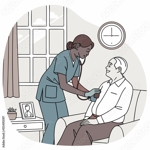 Home Nurse Taking Blood Pressure of Elderly Man Sitting on Couch
